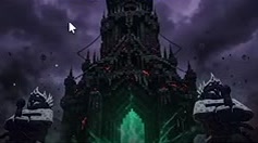 Frostbound Tower with a glowing cyan entrance and snow-covered statues.