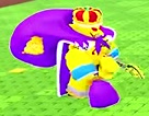 Golden Goblin wearing a crown and carrying a large purple sack.