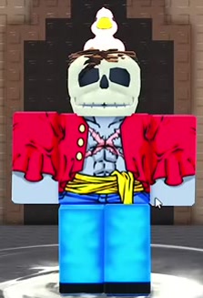 Skeleton character with a skull face, red jacket, and blue trousers.