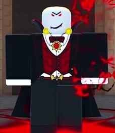 Vampire character with a pale face, black cape, and red waistcoat.