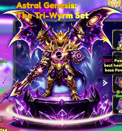 Astral Genesis Tri-Wyrm set with gold dragon armor, purple wings, and a matching weapon.