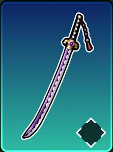 Lunar Crescent with a curved purple blade and hanging ornament.