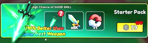 Starter Pack shop card with a glowing green sword, 5K Power, one rebirth, and a 79 Robux price.