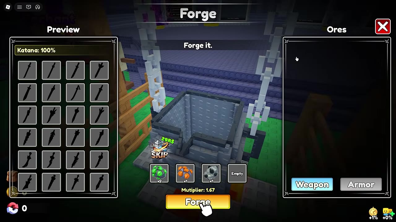 Forge menu showing four ore pieces, a Katana category preview, and an active Forge button.