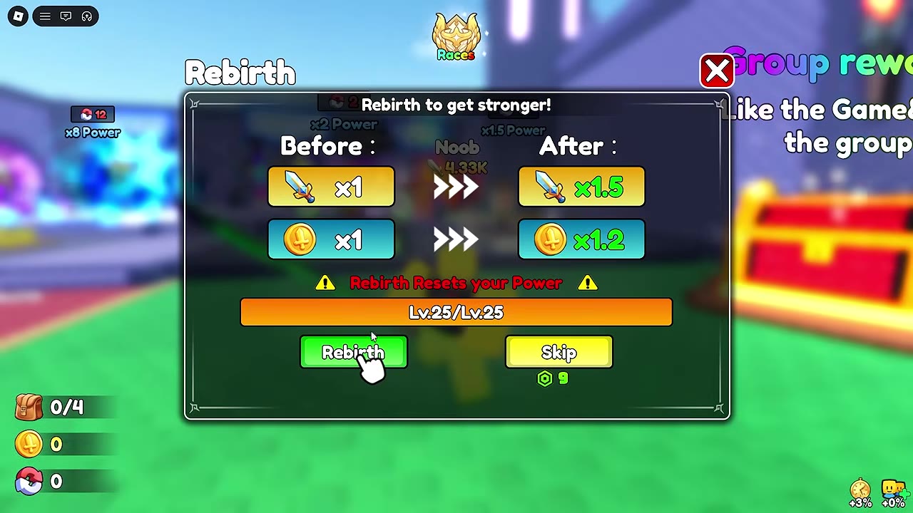 Rebirth menu showing the level requirement, multiplier preview, reset notice, and green Rebirth button.