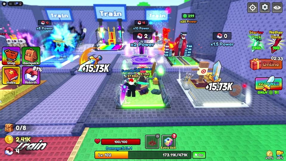 Train platforms showing Power multipliers and Rebirth requirements.