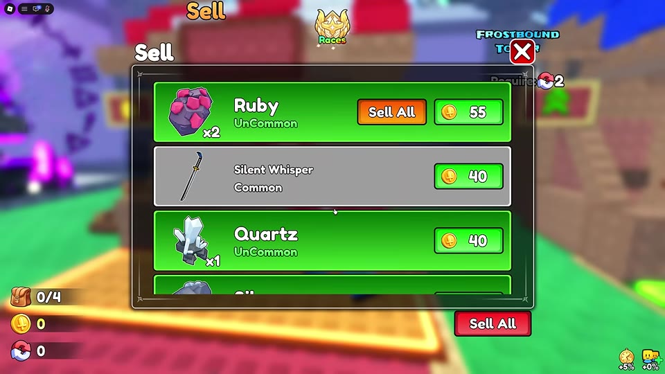 Sell menu listing ores and a sword with individual Coin buttons and Sell All options.
