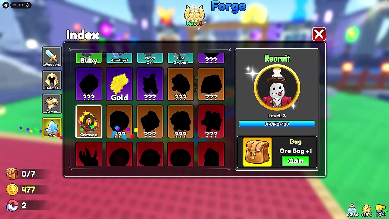 Index Ore page with an unlocked Ore Bag +1 reward and its Claim button.