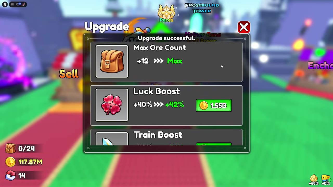 Upgrade menu showing Max Ore Count at +12 with Max in place of another Coin purchase.