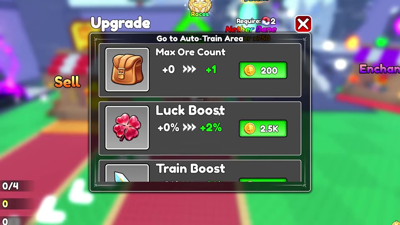 Upgrade menu showing current and next bonuses with Coin costs for Max Ore Count and Luck Boost.