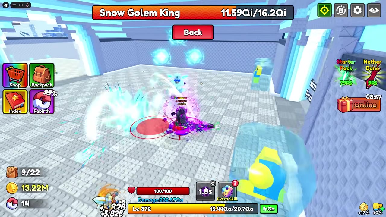 Red ground warning circle and erupting ice spikes during the Snow Golem King fight.