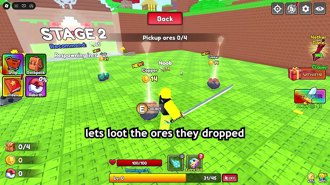 E Collect prompt beside a Copper ore drop, with the ore bag count visible.