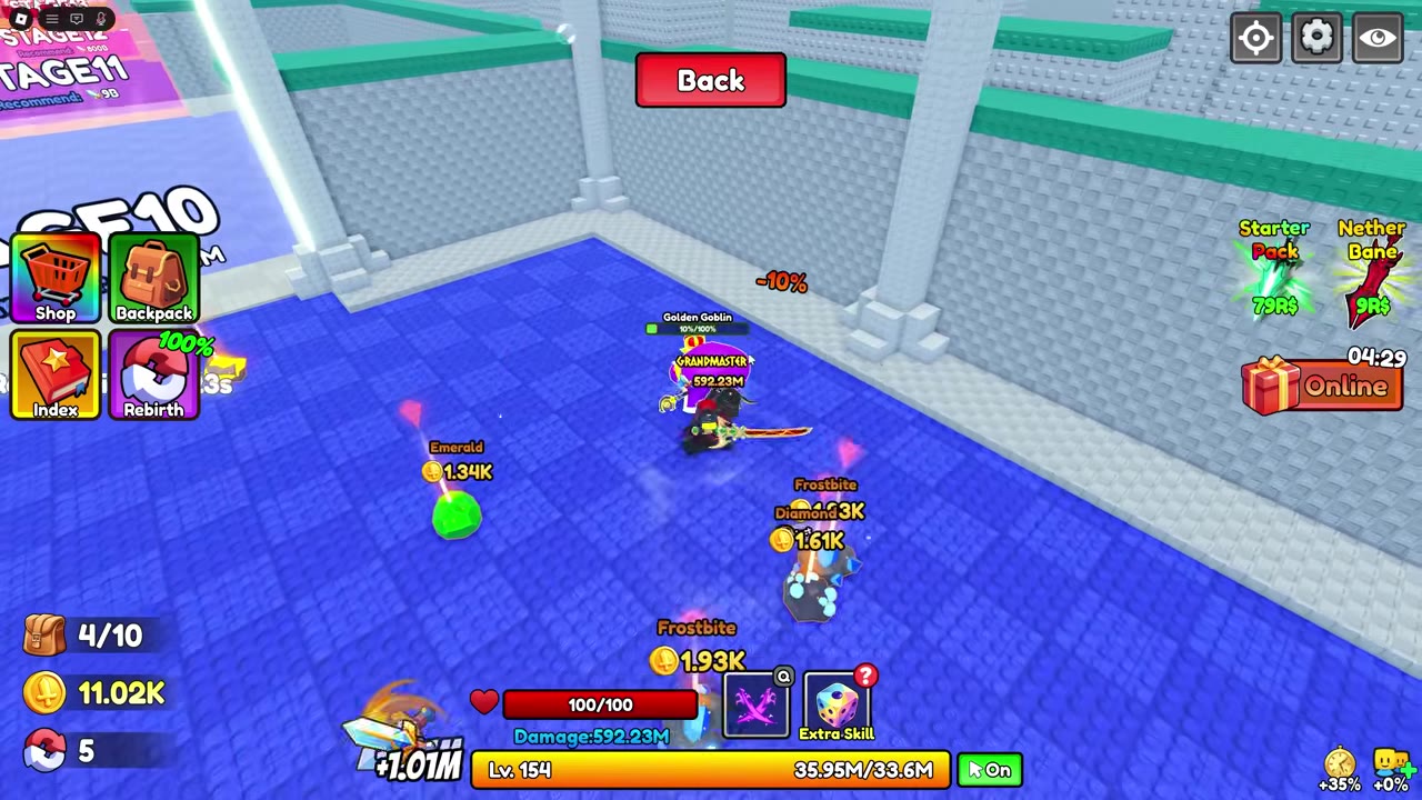 Golden Goblin with a percentage health bar in a Dungeon combat area.