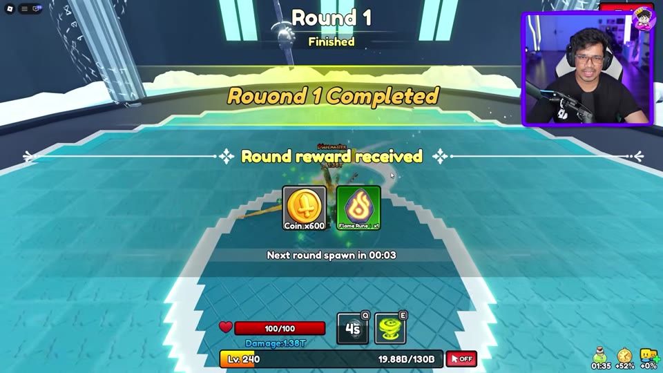 Round 1 reward display with a three-second countdown to the next round.