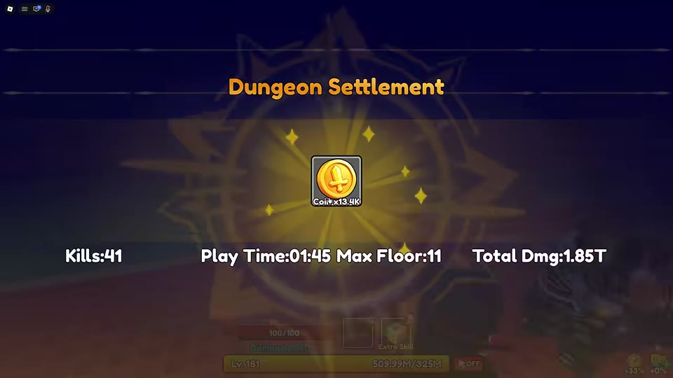 Settlement screen showing a reward, kills, play time, Max Floor, and total damage.