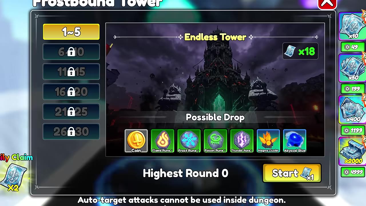 Frostbound Tower menu showing the daily two-ticket claim and one-ticket Start cost.