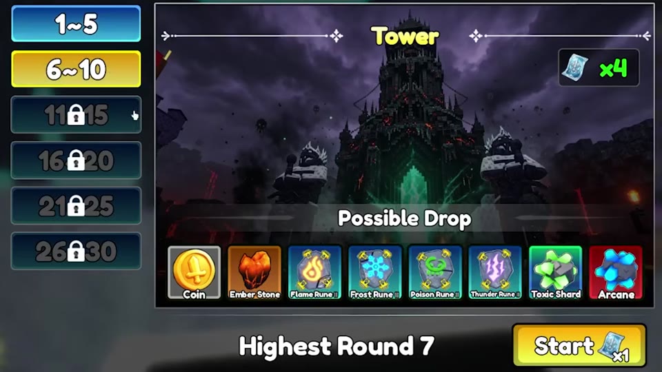 Rounds 6&ndash;10 selected with their Possible Drop preview in the tower menu.