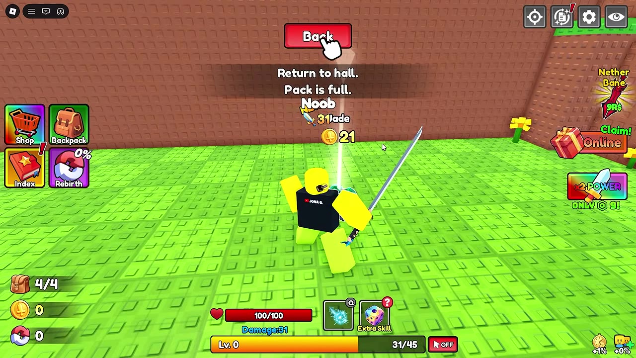 Pack is full message with the ore bag at four of four slots.