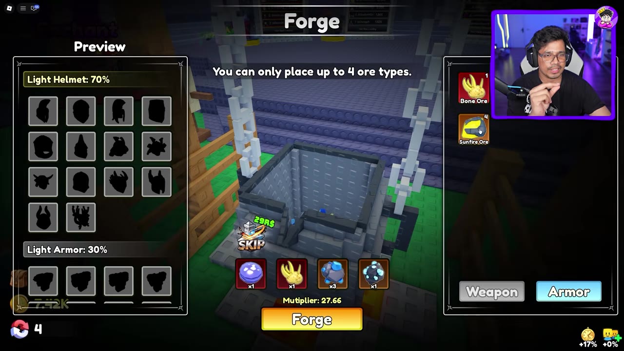 Armor Forge with four occupied ore-type slots and the four-type limit message