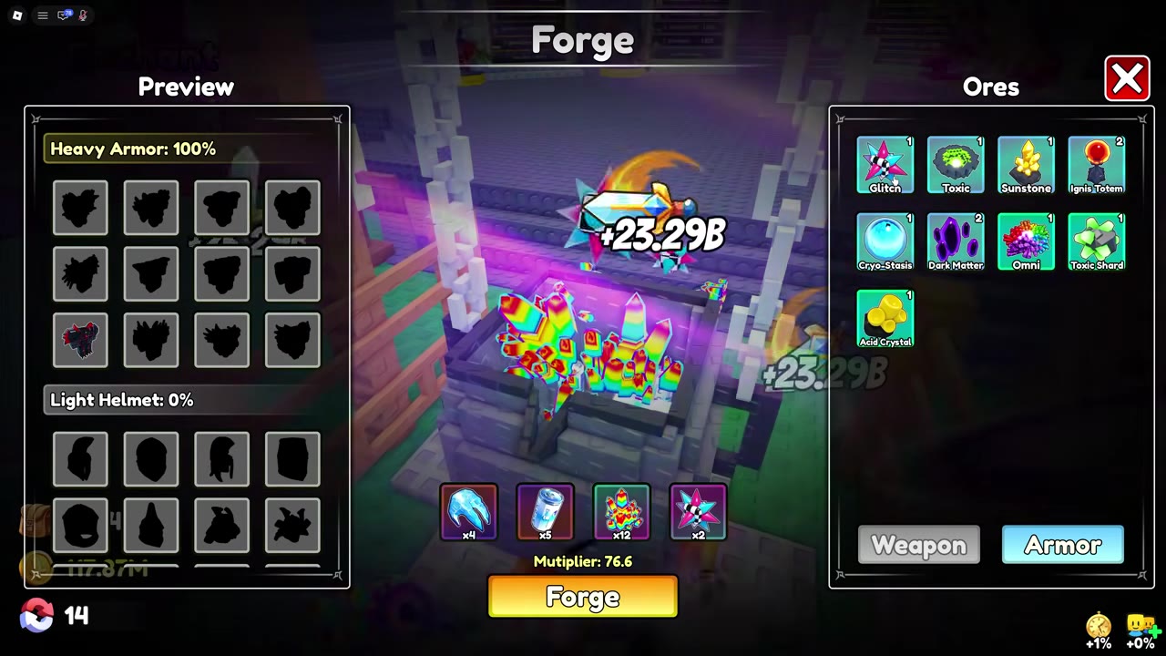 Armor Forge showing Heavy Armor at 100% beside the selected ores and Multiplier