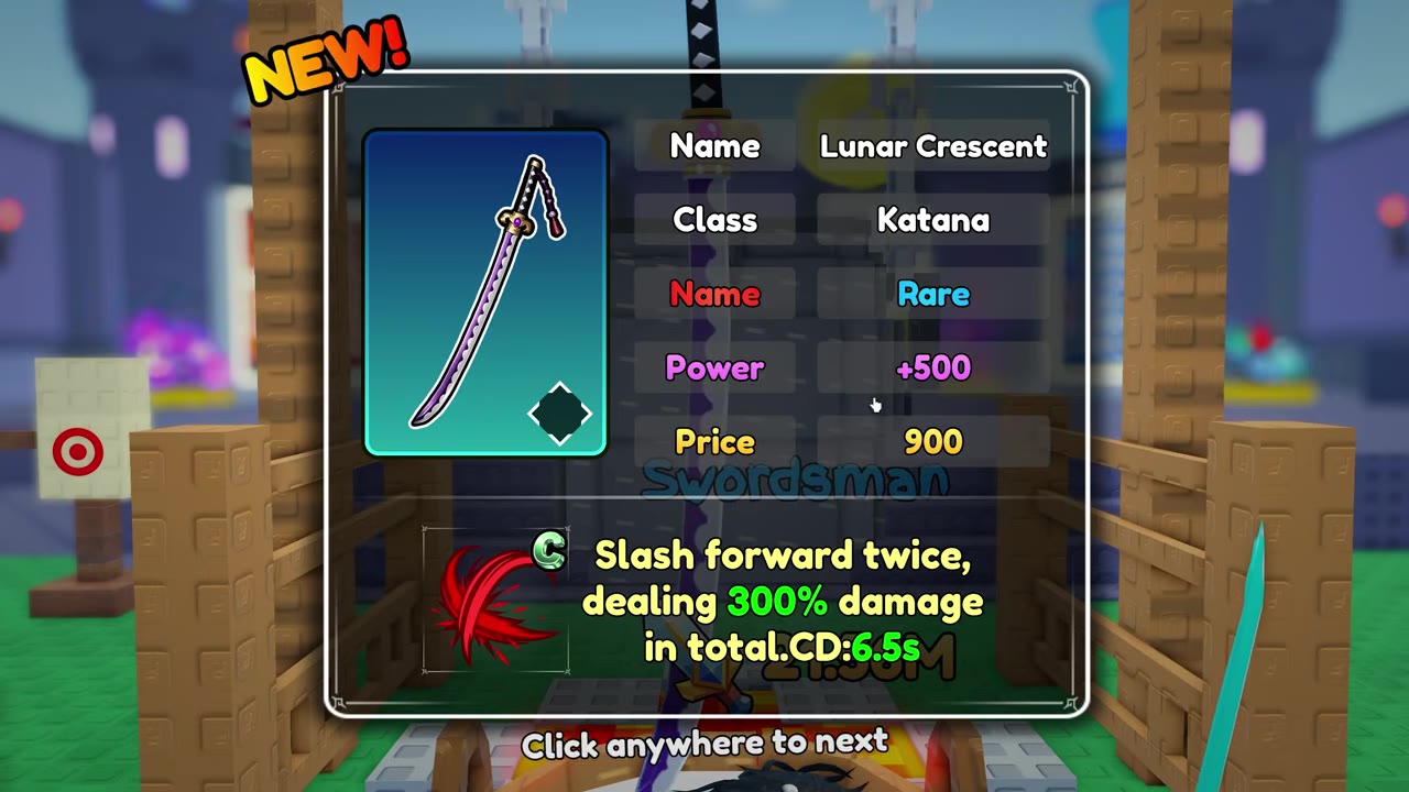 Forge result card showing the Lunar Crescent name, Katana class, and item details
