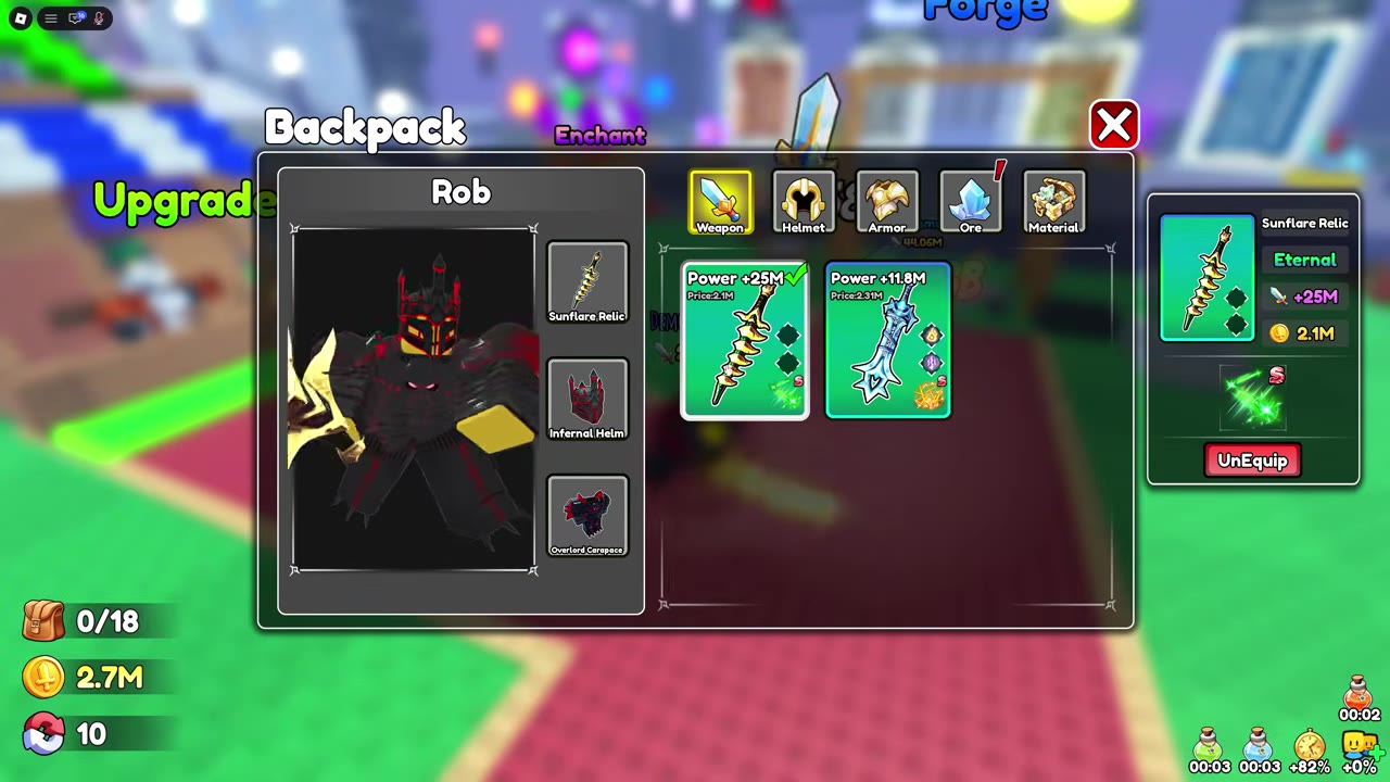 Sunflare Relic equipped in Backpack with a green check mark, weapon slot, and UnEquip button.