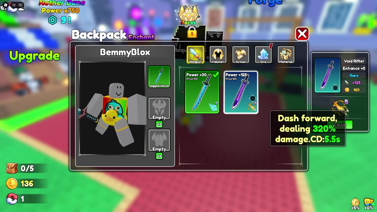 Backpack comparison of Jagged Havoc and Void Rifter with a skill tooltip showing damage and cooldown.