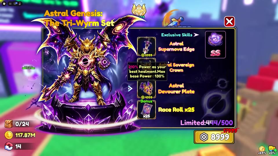 Astral Genesis shop display shows its weapon, crown, chest armor, skill, and Race Roll bonus.