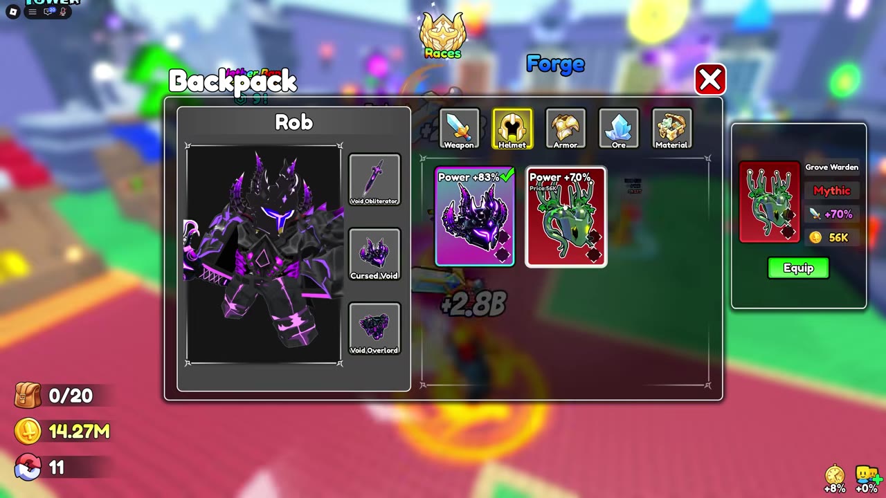 Backpack compares the Power bonuses of Cursed Void and Grove Warden helmets.