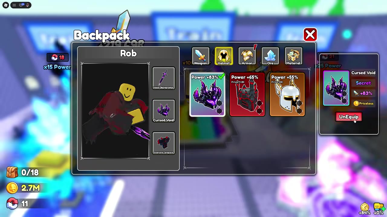 An equipped Cursed Void helmet shows a green check, an UnEquip button, and its name in the helmet slot.