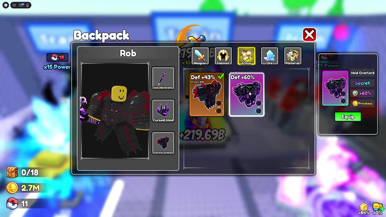 Backpack shows the Defence bonuses of Overlord Carapace and Void Overlord.