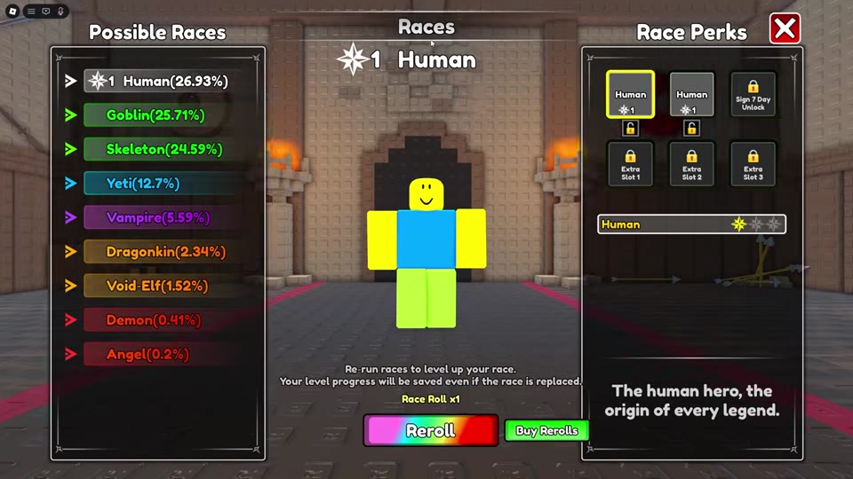 Races menu showing Possible Races, Race Perks slots, the Race Roll count, and the Reroll button.