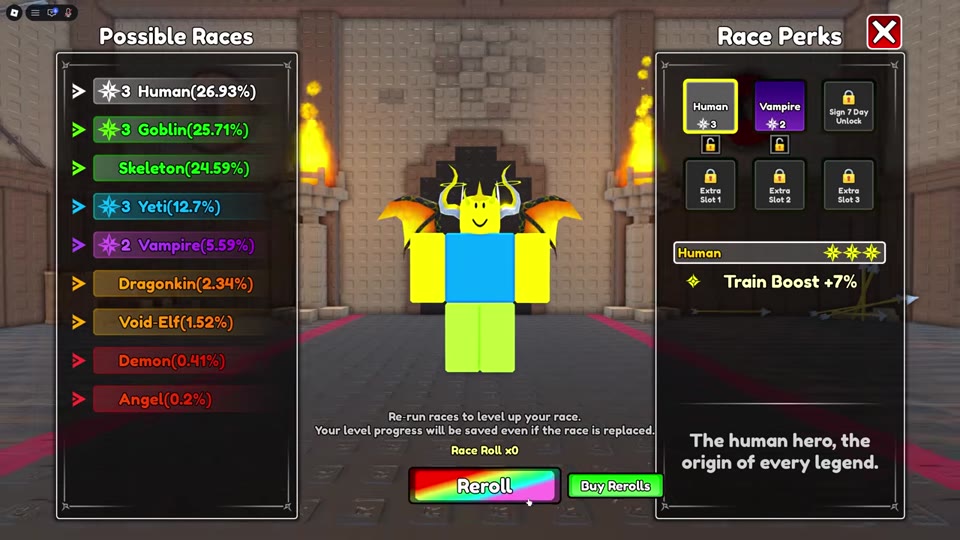 Race Perks panel with selectable Human and Vampire slots beside locked slots.