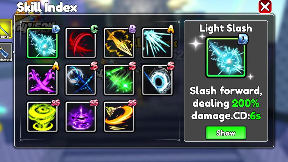 Skill Index showing Light Slash and its damage and cooldown.