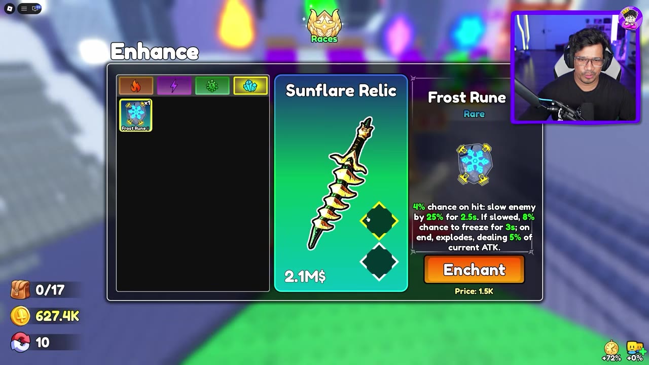 Frost Rune selected for a Sunflare Relic slot with a 1.5K Coin Enchant price.