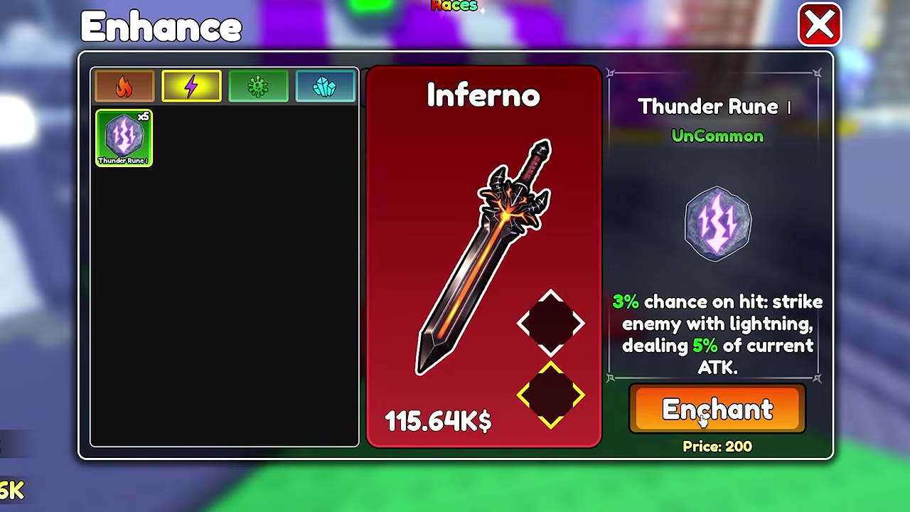 Thunder Rune I selected for an empty diamond slot on Inferno, with the Enchant button visible.