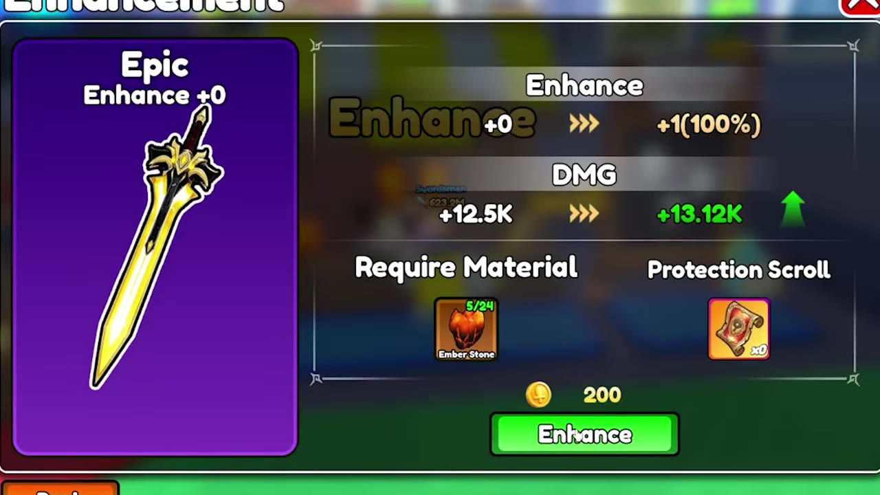 Epic sword Enhancement preview showing level, success rate, damage, Ember Stones, and Coin cost
