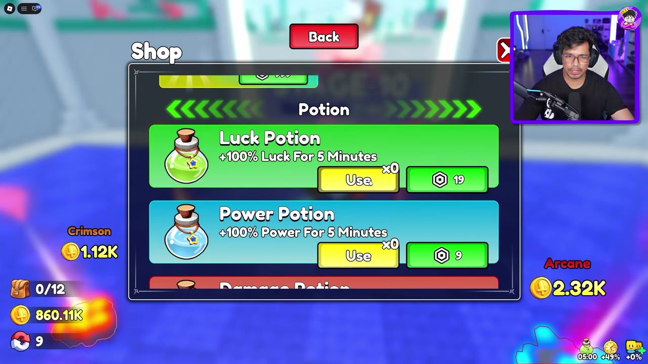 Shop Potion section after using a Luck Potion, with the bottle count at zero and a five-minute timer visible.