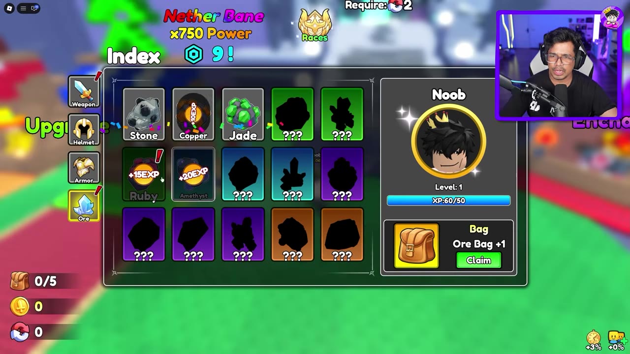 Index Ore entries with EXP marks beside an unlocked Ore Bag Claim button