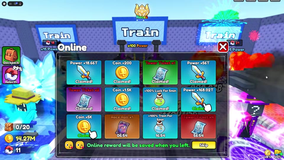 Online reward panel showing Claimed cards, available Claim buttons, and countdowns on locked rewards.