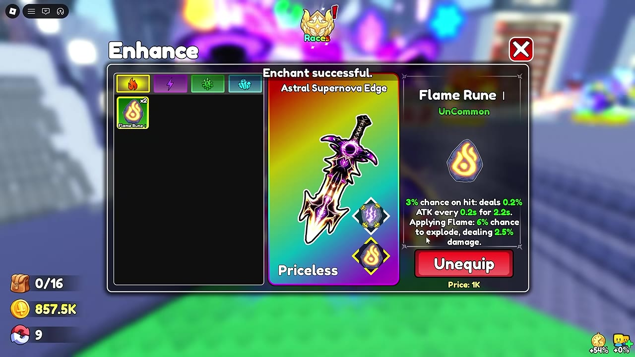 Enhance screen showing Thunder and Flame runes installed in the Edge&rsquo;s two slots.