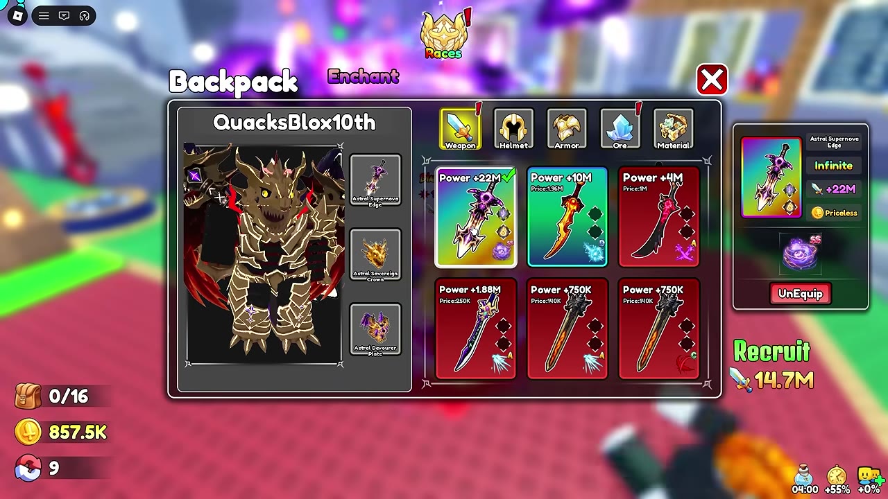 Backpack Weapon view showing Astral Supernova Edge equipped and its current Power card.