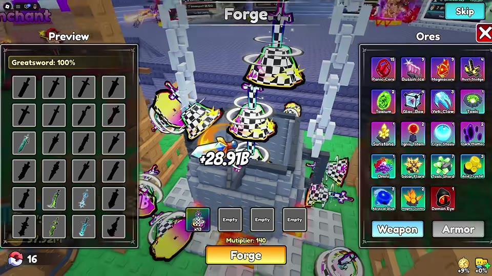 Forge in Weapon mode with 13 The Apex, a Greatsword 100% preview, and Multiplier 140