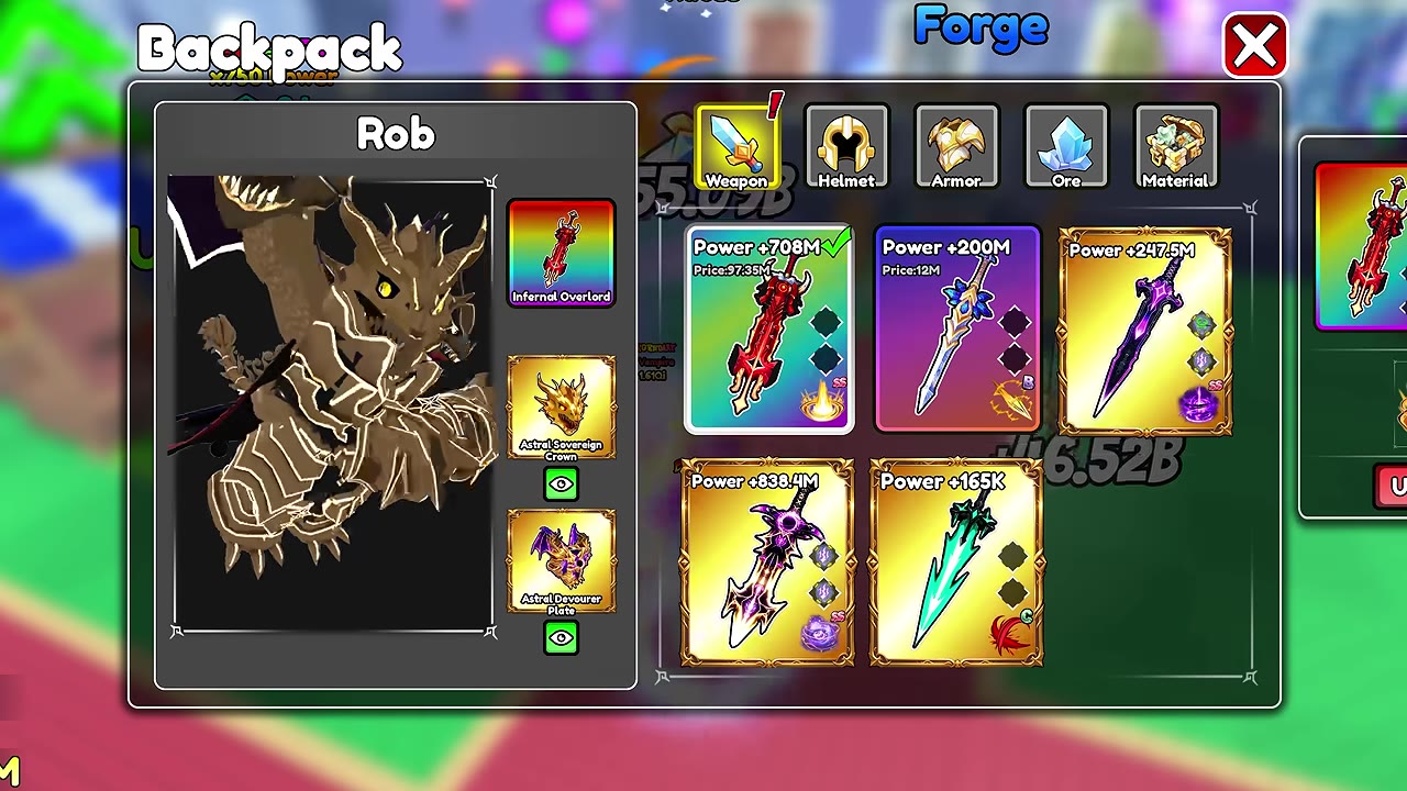 Backpack Weapon tab with Infernal Overlord marked as equipped