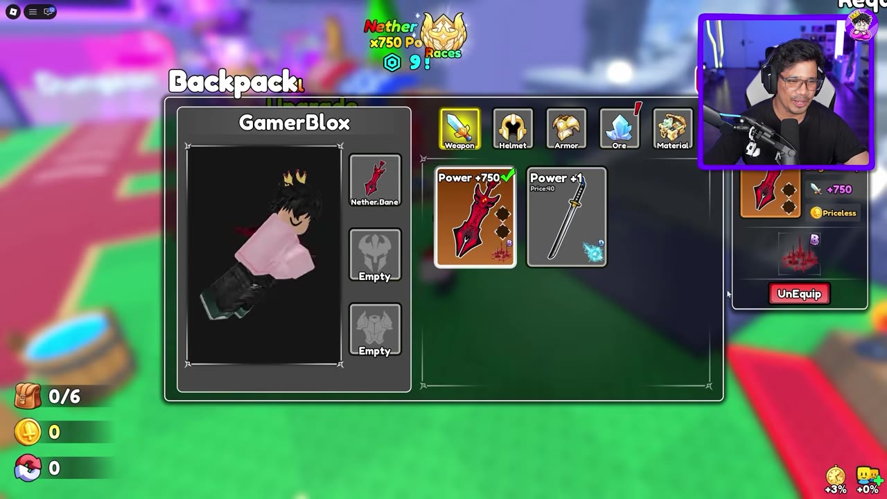 Nether Bane equipped in Backpack, with a green check mark and UnEquip button.