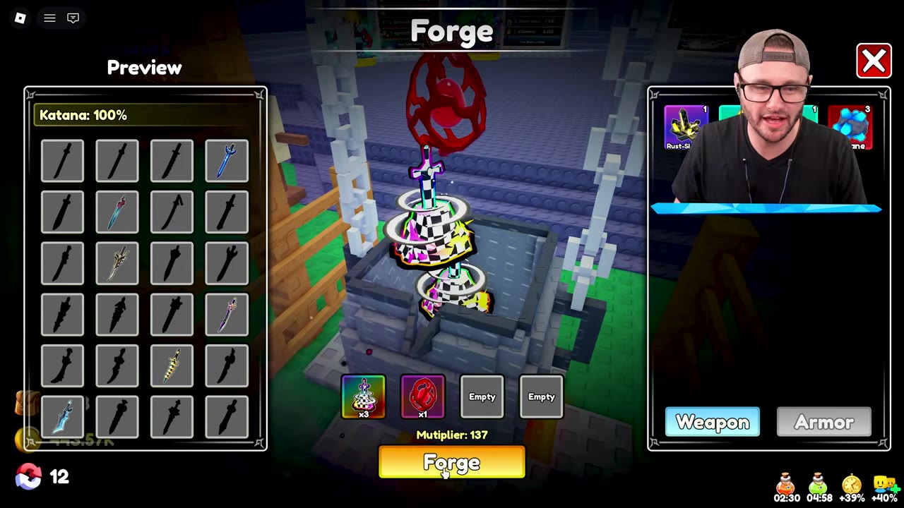 Forge Weapon screen with The Apex &times;3, Panic-Core &times;1, Katana 100%, and Multiplier 137.